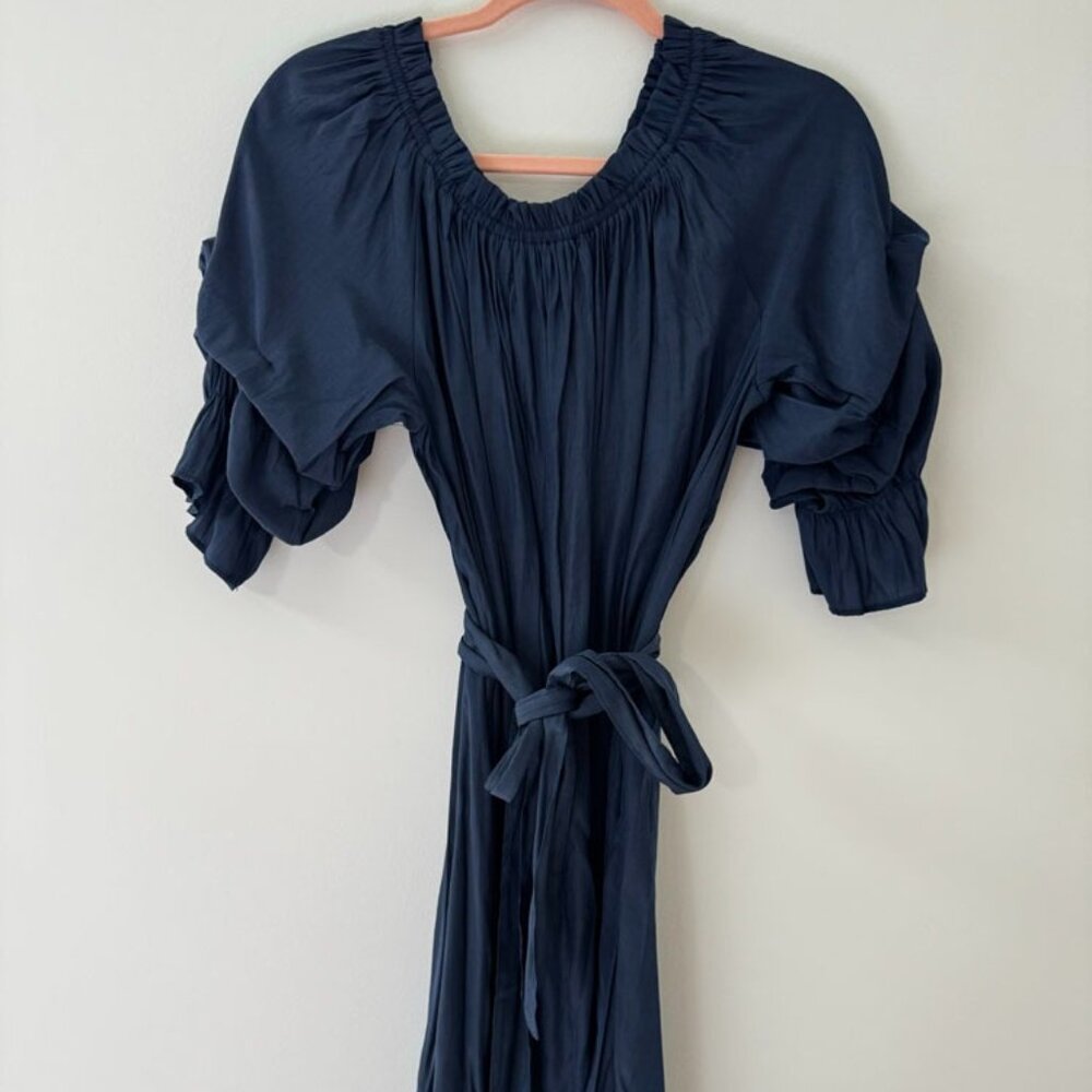 Mersea Tulum Ruffle Dress Women's Size Medium Blue Gathered Mini Shift Dress
